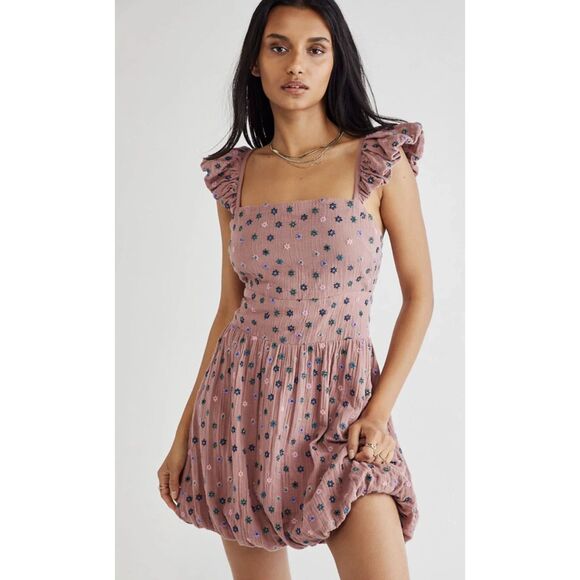Free People Dizzy Ditsy Bubble Mini Sundress Purple Embroidery Flowers Size L - Picture 1 of 7